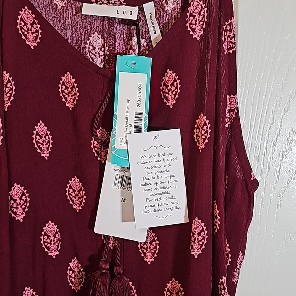 LUQ Flowy Bohemian Tank Top Maroon Pink Tassel Tie Front Size M NEW - Picture 3 of 8